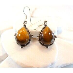 Vintage Sterling Silver Tiger's Eye Bali Style Dangle Earrings